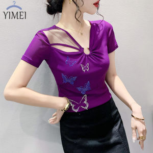YIMEI Áo Thun Nữ Quảng Châu Đẹp Mới Mùa Hè Tay Ngắn Hai LớP Cổ Chữ V Áo Lưới Áo Thun Đính Kim Cương Đính Nơ Thiết Kế 2023