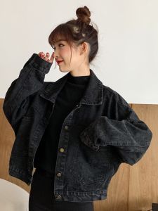 Black Denim Jacket Womens Short Style Retro Loose Fit Autumn Winter New Design Commute Style Button Closure Long Sleeve Polo Collar