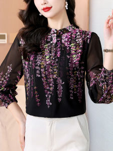 เสื้อเชิ้ตผ้าชีฟองคอตั้งหลวมๆ แขนยาวลายดอกไม้สำหรับผู้หญิง แฟชั่นฤดูใบไม้ร่วง ทรงหลวม ดีไซน์ใหม่ เสื้อผ้าทำงาน