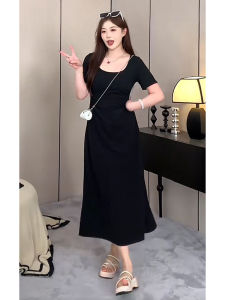 Mint Wave French Style Long Dress Summer plus Size Conceal Meat Slim Belly Cover Short Sleeve Dress Elegant Atmosphere