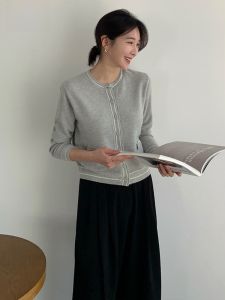 BAILUOANN | Bailuan Round Neck Long Sleeve Knitted Cardigan Womens Top Fashionable Short Sweater Jacket Outerwear Commute Style Straight Cut