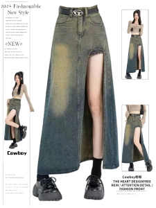 Váy Mini Denim Cạp Cao Phong Cách Mỹ Cổ Điển Cho Nữ Mùa Xuân Thu Váy Midi Cạp Cao Che Mông Chống Hở Hang