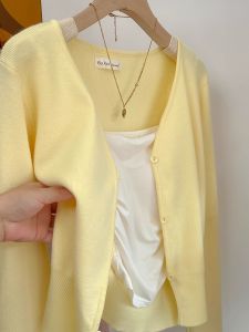 HUOLISI | Soft Yellow V-Neck Sun Protection Shirt Short Blouse