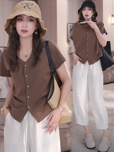 Áo Thun Nữ Tay Ngắn Dáng Ôm Mùa Hè 2024 Thiết Kế Mới Áo Thun Cổ Chữ V Màu Trơn Đa Năng Che Giấu Mỡ Bụng