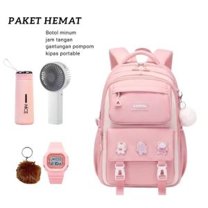 Tas ransel anak perempuan remaja SD SMP model karissa gratis jam tangan botol minum kaca kipas angin mini portable dan gantungan pompom tas ransel backpack anak tas ransel