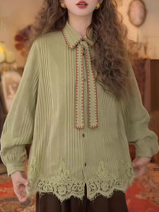 plus Size Green Long Sleeve Shirt Womens Loose Fit Slimming Design Hong Kong Style Casual Top for Autumn 2025 plus Size Clothing