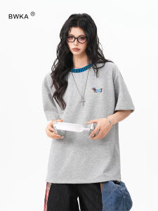 BWKA | American Dog Embroidery Casual Summer Contrast Stripe Collar T-shirt Loose Campus Style