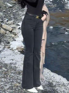 Black High Waist Bell Bottom Jeans Womens Spring Autumn 2024 New Slimming Long Pants Korean Style Commute Large Size