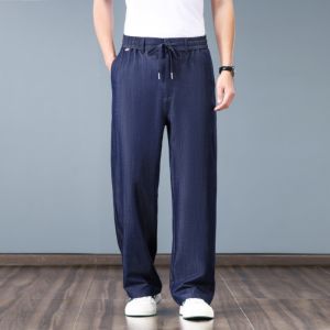 Tencel Thin Summer Mens Jeans Elastic Waist Casual Pants Loose Straight Leg Long Trousers Fashionable Urban Business Casual
