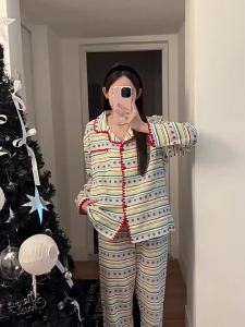 Ins Hot Strawberry Printed Cloud Cotton Gauze Pajamas for Women Girl Spring and Autumn Long Sleeved Pajamas Set Cute Sweet Striped Home Clothes