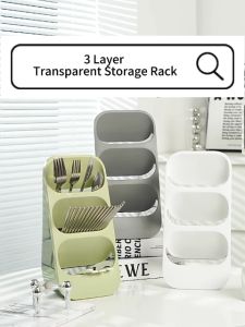[Ready Stock] [3 Layer Transparent Storage Rack] High Quality Multipurpose Drainable Storage Box Storage Shelf Chopstick Spoon Fork Cutlery Lipstick Foundation Cosmetic Notebook Pencil Scissors Stationery Kitchen Bathroom Bedroom Living Room Study Room