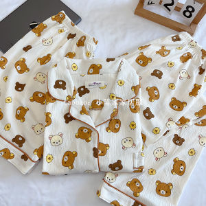 Summer Lightweight Polka Dot Bear Sleepwear Womens Soft Cotton Gauze Short Sleeve Short Pants Home Clothes Set Sweet Cute
