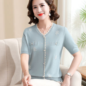 Ice Silk Loose Short Sleeve T-Shirt for Mom Summer Fashionable Thin Womens Shirt V-Neck Single Button Pure Color Casual Top