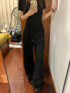 Slimming Black Cotton Fleece Lined High Waist Straight Leg Casual Sweatpants for Women Spring Autumn New Style American Sport Pants