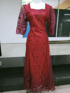 LONG DRESS GAUN PESTA PANJANG LEHER SABRINA BAHAN FULL TILE MEWAH SLETING BELAKANG WARNA MAROON HIJAU SAGE TERAKOTA MERAH MARUN SIZE STANDARD L XL LD 90-100 PANJANG 130 GAUN PANJANG GAUN PESTA DRESS BROKAT