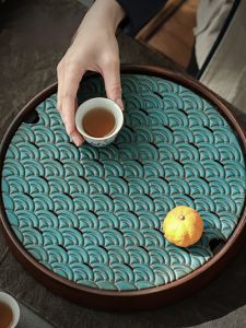 Retro Chinese Style Bamboo Ceramic Tea Tray Circular Simple Home Use Dry Pounding Plate Water Storage Drainage Tea Table