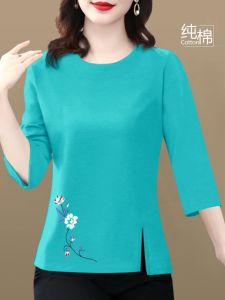 Pure Cotton 3/4 Sleeve T-Shirt Womens Summer Fashion Moms plus Size round Neck Print Top Lightweight Loose Fit