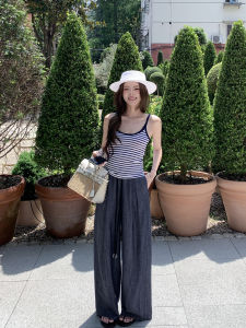 Blue Tencel Linen Elastic Waist Loose Summer Casual Pants