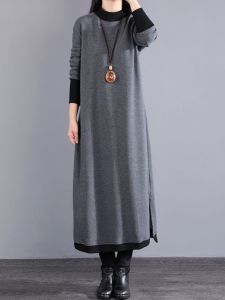 ล้างสต๊อกเก็บปลายทางสเว็ตเตอร์ถักเพิ่มความหนาบุขนเดรสยาวคลุมเข่าเดรสตัวในกันหนาวทรงหลวมแบบลำลองไซส์ใหญ่