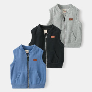 Fashionable Zipper Leather Tag Vest for Boys Spring Autumn Season Casual Style Polyester Fiber Pure Color Baby Clothes