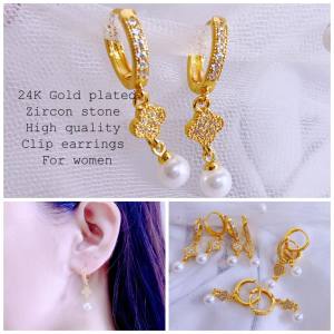 ZIHANG JEWELRY 24K Gold plated high quality zircon stone pearl clip earrings for women
