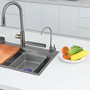 Chậu rửa bát 1 hố đúc HODABOSS kích thước 68x46cm Bồn Rửa Chén 1 Ngăn mạ tĩnh điện titan Tặng chậu nhỏ