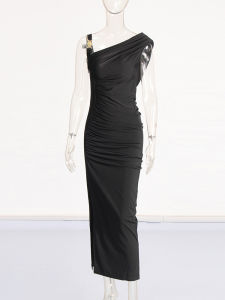 Elegant High Waist Slimming Long Dress VGH French Style Asymmetrical Pleated Solid Color Womens Open Split Gown Polyester Cotton Blend