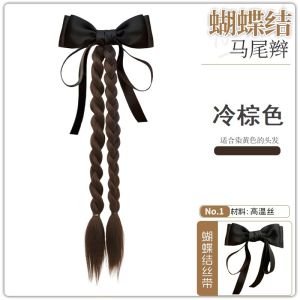 MONLEYTA | Womens Long Braided Wig With Butterfly Knot Silk Ribbon Double Twist High Ponytail Fake Hair Summer Refreshing Hair Clip