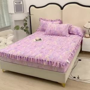 Fleece Fitted Sheet Non‑Shed Short‑Pile Plush Bed Sheet with Ruffle Fringe Soft Cozy Warm Floral Printed Flannel Bed Cover