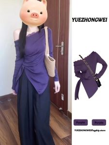 YUEZHONGWEI | Off Shoulder Lace Insert Knitted Top Purple Irregular Waist Shaping
