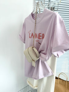 Summer Pastel Purple Letter Print Loose Oversized Cotton T-Shirt