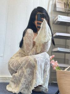 French Gentle Elegant Dress Womens Niche Style Knitting Lace Design High Waist Silm Slim Looking Fishtail A- line Long Dress