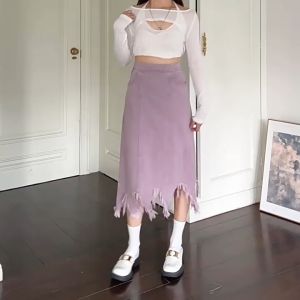 กระโปรงยีนส์ (Size : S-5XL) ความยาวคลุมเข่า แต่งขาดที่ชายประโปรง มีซิปด้านข้างใส่ง่าย เอวยืดได้ สไตล์เกาหลี มีไซส์ใหญ่