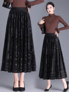 High Waist Thickened Flocking Lace Half Skirt Womens Style A-Line Midi Skirt Spring Autumn Winter Seasonal Fashion Design