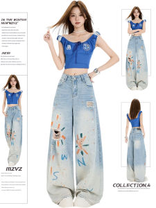 Quần Jeans Ống Rộng Rách Rãi Phong Cách Mỹ Cổ Điển Cho Nữ Mùa Hè 2025 Quần Ống Rộng Rộng Cạp Cao Màu Xanh Cổ Điển