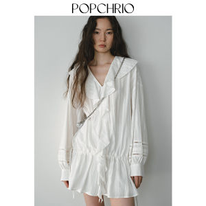 POPCHRIO | Đầm Ôm Dáng Dài Tay Voan Ren Pháp Có Nếp Xếp Vòng Cổ V
