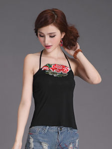Embroidered Short Modal Cotton Vest Womens Slim Fit Summer Top with Belt Halter Neck Design Commute Style Cotton Blend Fabric