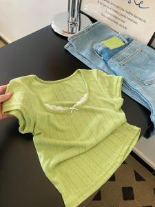 Áo Thun Dệt Kim Tay Ngắn Ren Xanh Nữ Tính Phong Cách Hàn Quốc Thời Trang Xuân 2025 Áo Thun Cổ Tròn Thường Ngày