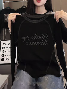 Áo Thun Nữ Dài Tay in Chữ Thiết Kế Khâu Sáng Tạo Cổ Tròn Cotton Mùa Thu Thường Ngày Thoải Mái Đa Năng