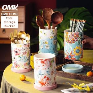 OMK American Style Hand Painted Ceramic Drainer Chopstick Organiser Kitchenware storage bucket Cookware Storage Bucket Spoon & Spatula Storage Basket
