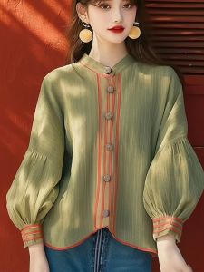 Spring 2025 Green Lantern Sleeve Shirt Korean Style Fashionable Casual High Waist A-Line Skirt  Shape Sandal Shape Pear Shape