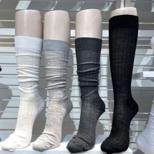 High Quality European Goods South Korea Bosss Socks Pure Color Thin Loose Socks Easiest for Match Knee-Length Calf Socks Black Gray Womens Socks