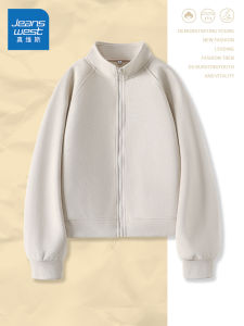Jeanswest Womens Short Sweatshirt Jacket Stand Collar Lazy Style Spring Autumn Korean Fashion Zipper Loose Fit Cotton Polyester