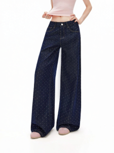unifree | Quần Jeans Dots Xanh Vintage Mở Rộng Cao Thắt Lưng Chân Rộng