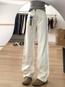 กางเกงยีนส์ทรงหลวมเอวสูงทรงหลวมขากว้างทรงตรงผ้ากำมะหยี่สีขาวบุขนแกะสำหรับผู้หญิงในฤดูใบไม้ร่วงและฤดูหนาว