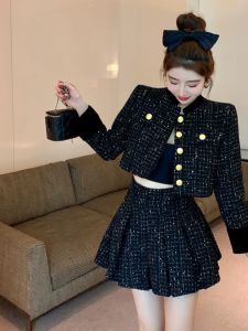 หนาขึ้น ผ้าฝ้าย ลายสก็อต เสื้อโค้ท กระโปรง ชุดสองชิ้น ฤดูใบไม้ร่วง ฤดูหนาว แฟชั่นสําหรับผู้หญิงตัวเล็กย่นครึ่งความยาว กระโปรง ชุดคลุม