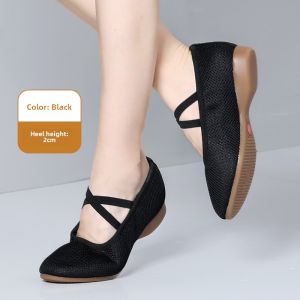 Black Low Heel Dance Shoes Womens Soft Bottom Outdoor Fly Knit Breathable Flat Bottom Dancing Shoes Square Dance Shoes