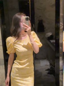 ZYHT Đầm ngọt ngào nhỏ tươi Cổ tròn tay áo phồng Mảnh mai Đầm xòe hoa 20583