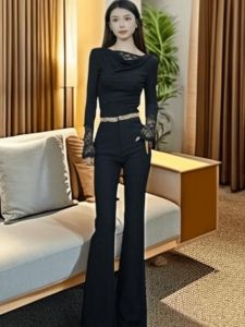 Spring 2025 High Waist Bell Bottom Pants Womens Slimming Long Legging Effect Formal Trousers Full Drill Star River High Quality