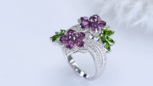 Lohaspie Jewelry Genuine 3.2 Carats Solid Sterling Silver 925 Ring Original Natural Rhodolite Garnet Chrome Diopside Ring Garnet Stone Original Ring Birthstone Ring For Women